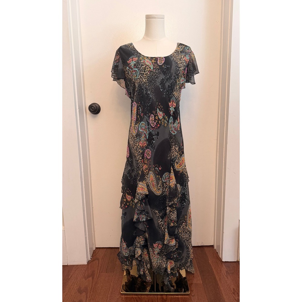 LP Oggi Stile Italiana Maxi Dress L Paisley Leopard Ruffle Chiffon Beaded Black - Picture 5 of 7